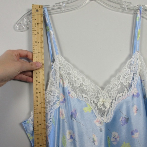 Morgan Taylor Intimates Slip Dress L Blue Satin Lace Trim Floral Lingerie 92 - Picture 6 of 10